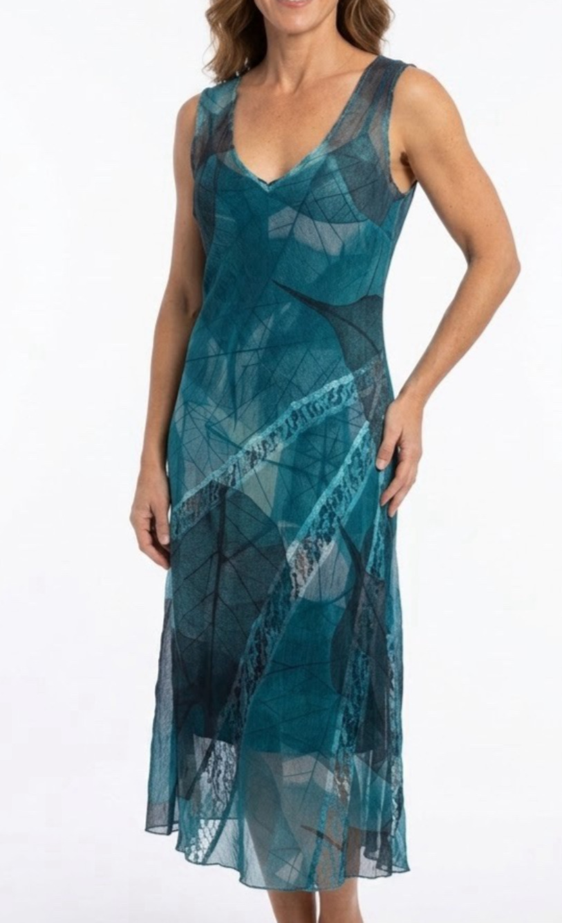 Komarov Dress Midi V Neck Sleeveless Lace Fit Flare Blue Leaf Print Lined XL